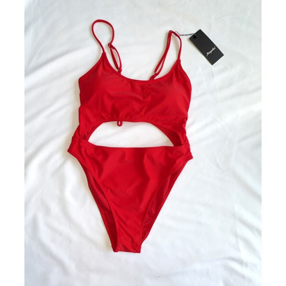 Womens XL Red Cutout One Piece Swimsuit Lace Up Back High Cut Monokini